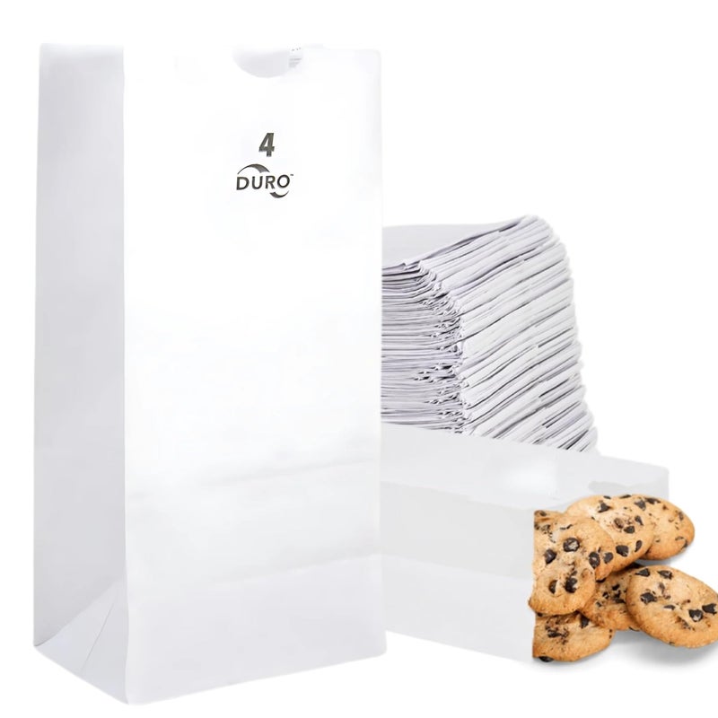 Duro 4# White Paper Lunch Bags 100-Count, Bulk Disposable Paper Bags, Small SOS for Popcorn Candy, Snacks & Treats - 5.00 x3.12 x 9.75 Inches - Image 1